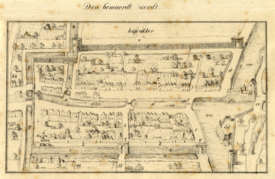 212083 Plattegrond van de Bemuurde Weerd te Utrecht; met gestyleerde weergave van het stratenplan met bebouwing in ...